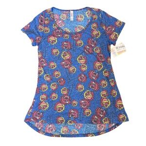 NWT LuLaRoe Classic T Blue Top with Floral Print Hi Low Hem Women's Size Small